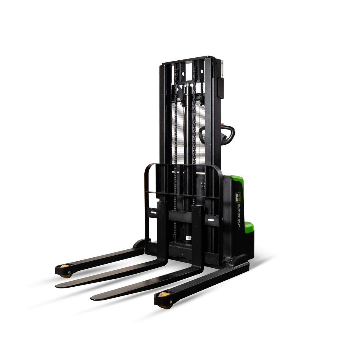 SST15-C+ compact electric pallet stacker 3300 lb 98 inch lift, front three-quarter hero view