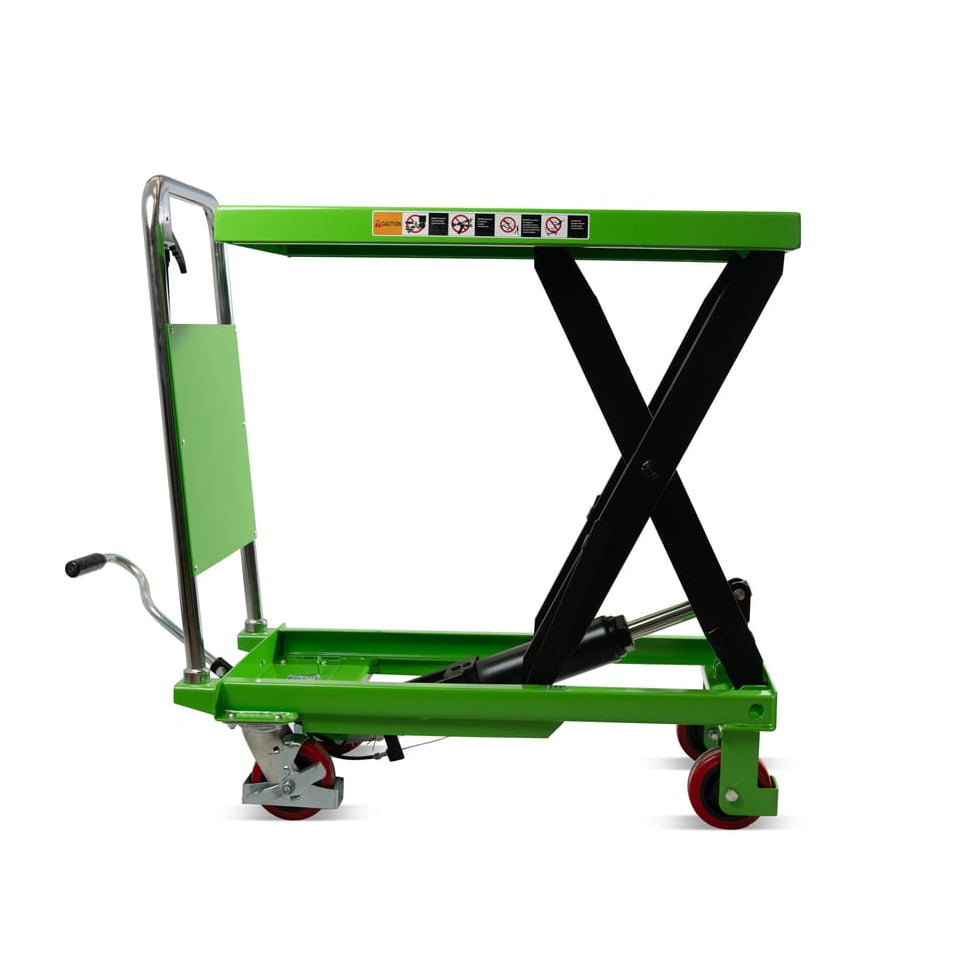 Green and black hydraulic lift table on a white background