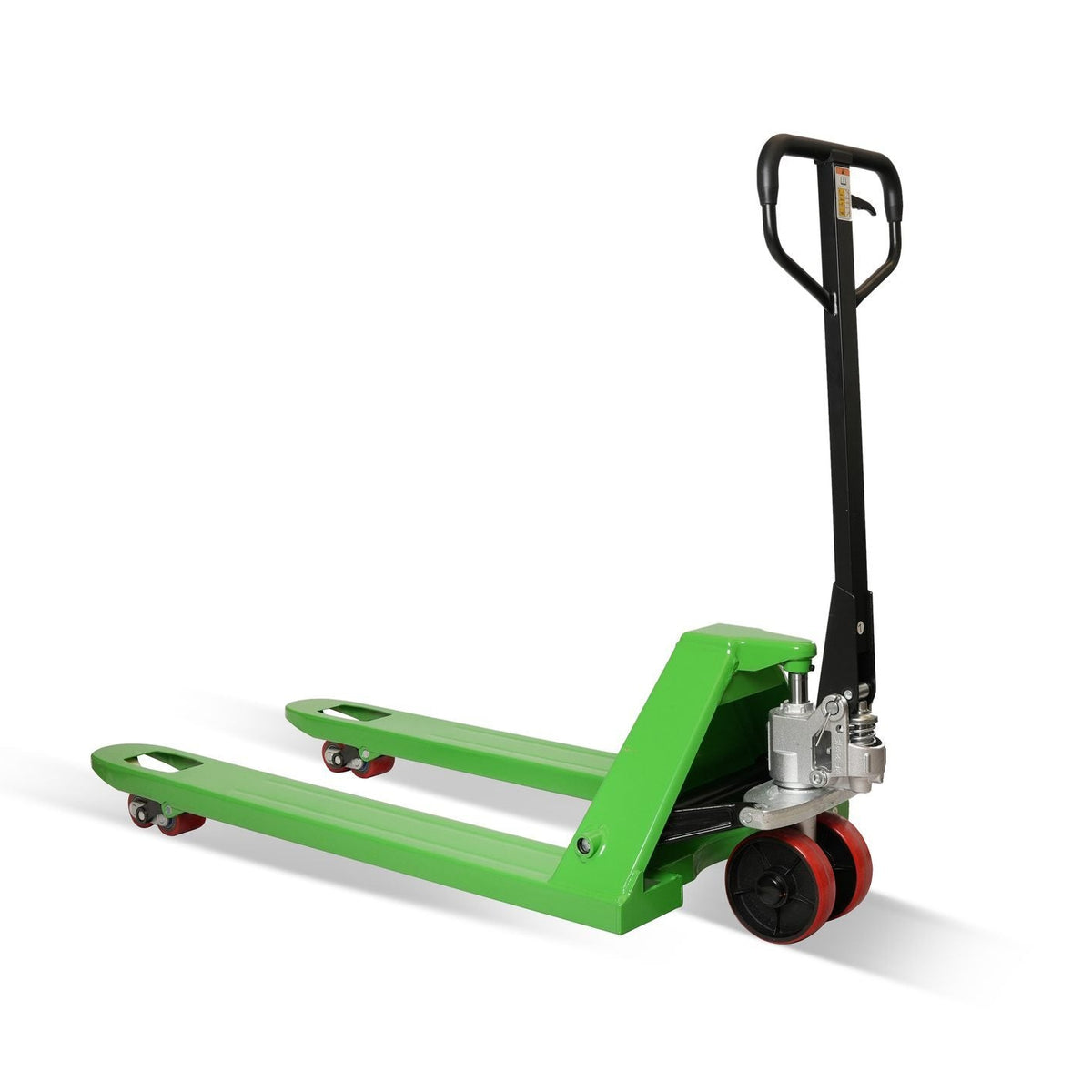 Green manual pallet jack on a white background