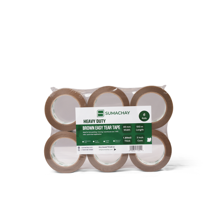 Heavy Duty Brown Easy Tear Tape - 48mm x 100m, 1.89mil Thick, 3 inch Core (36 Rolls) Sumachay Lifts