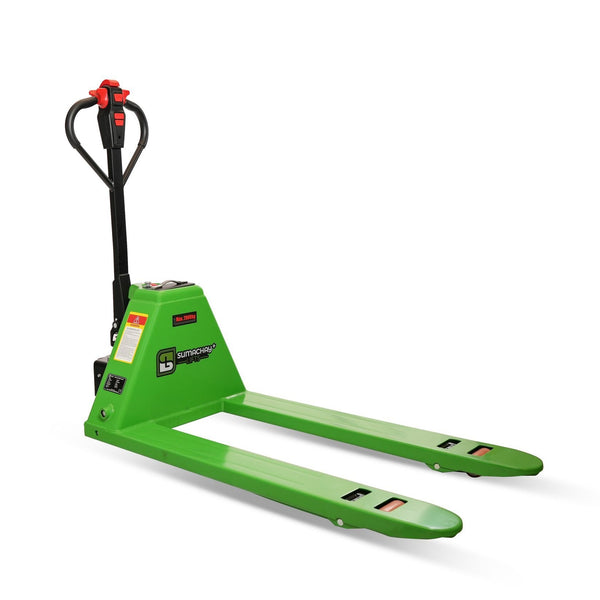 Green electric pallet jack on a white background